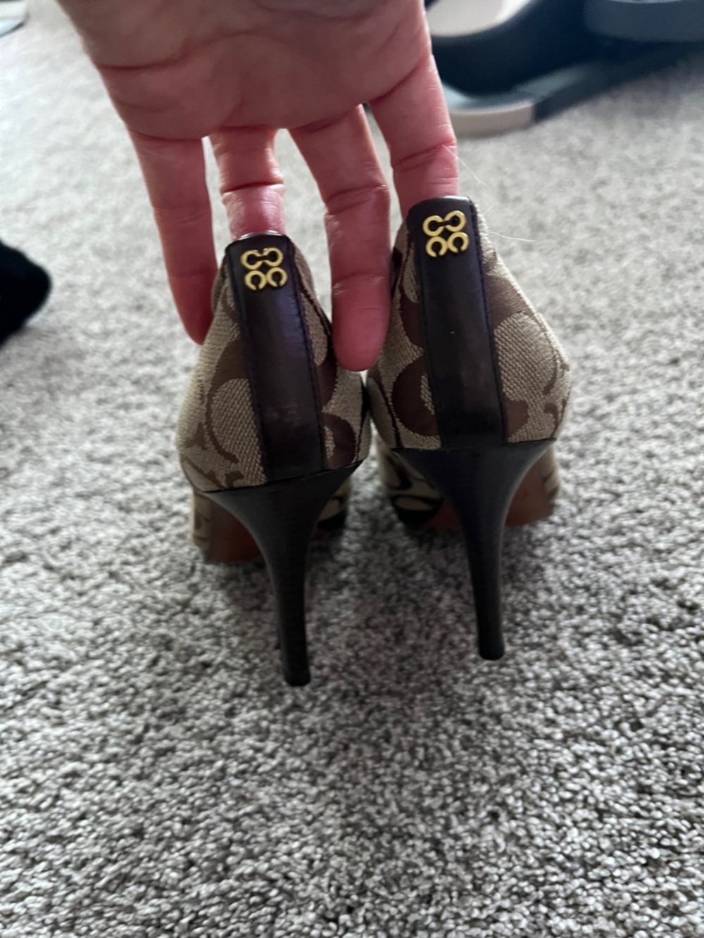 Coach Brown Signature Canvas Stiletto Pumps with Gold Logo